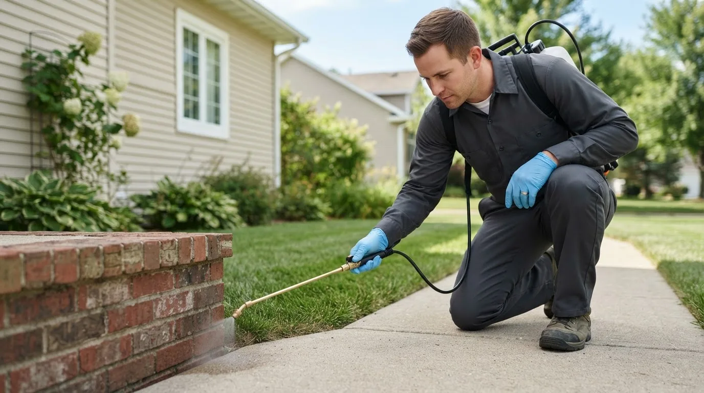 Pest control technician treating a home near Forest Ranch, CA